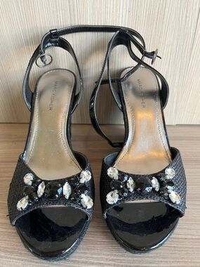 Marc Fisher Black Jeweled Open-Toe Ankle Strap Heels